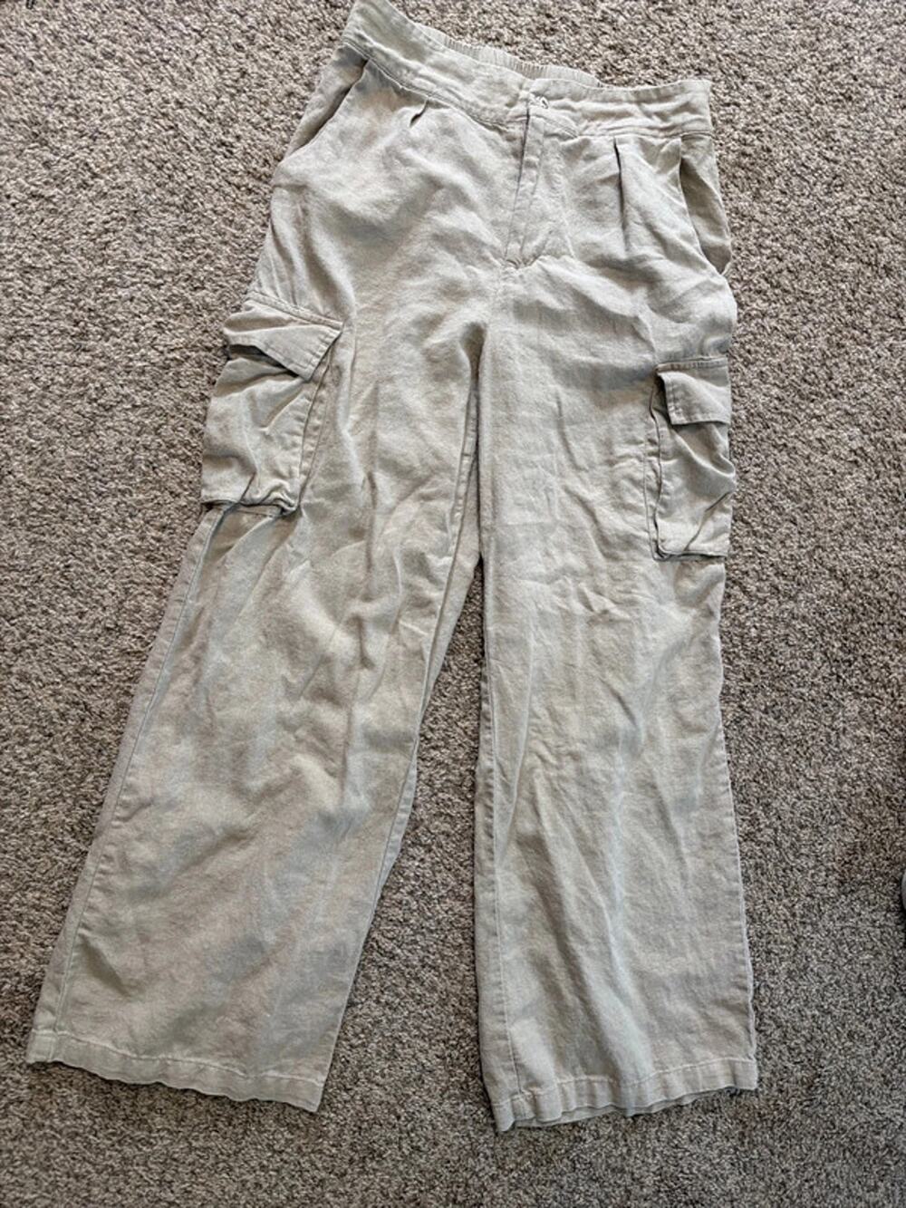 Tahari wide leg linen cargo pants S 3499 beige
